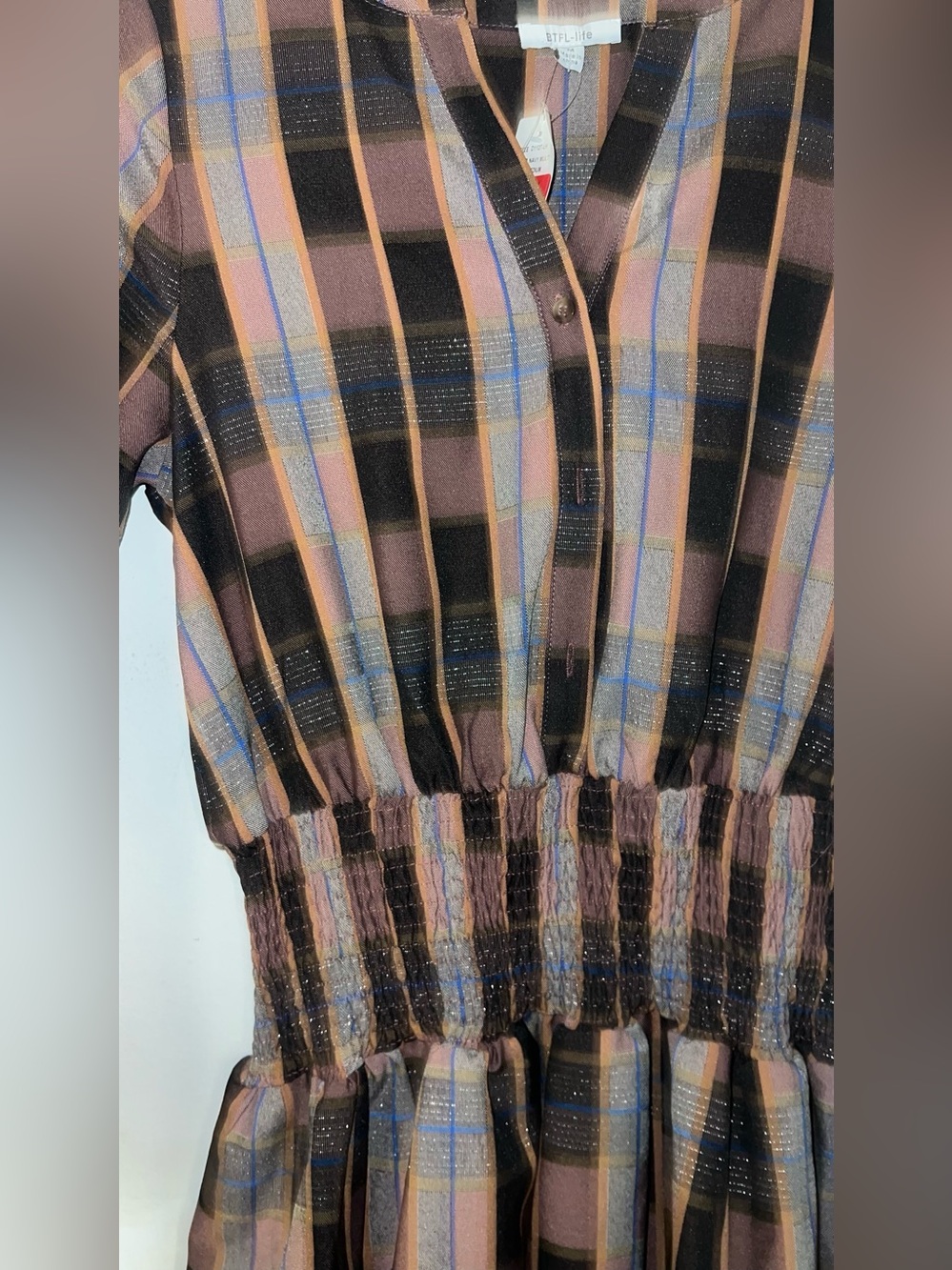 Plaid Button-Front Dress Top — Black, Brown & Blue - Picture 2 of 4